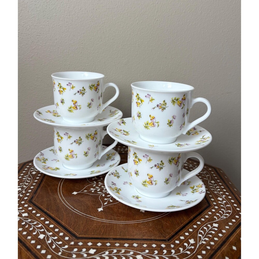 Vintage Martha Stewart France Floral Pansy Milk Glass Tea Cups & Saucers (Set of